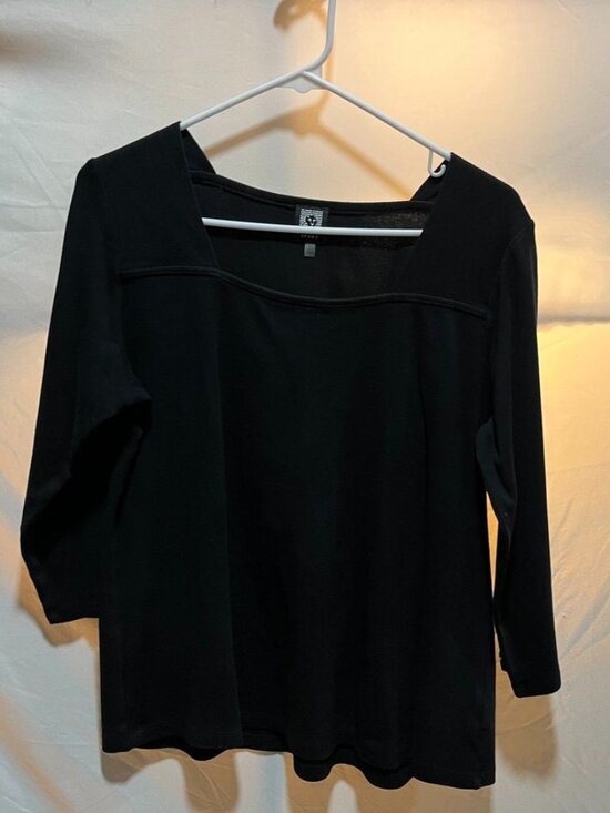 Anne Klein Sport Square Neck 3/4 Sleeve Stretch Knit Top Black Women’s L - Picture 2 of 13